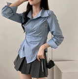 Fashion Slim Striped Shirt Women Elegant Korean Long Sleeve Blouse Casual Irregular Female Spring Sweet Chic All Match Top