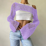 Pbong  New Harajuku Grunge Solid Slash Neck Women Crop Pullovers Y2k Aesthetic Knitted Sexy Sweaters Streetwear Hollow Out Autumn Tops