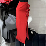 3D Flower Slit Slim Party Long Skirts Fashion High Waist Tight Women Skirt Solid Color Zipper Female Skirt Summer New