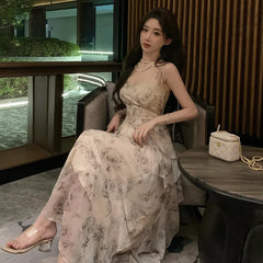 Vintage Shivering Print Dress for Women Sling Sleeveless Slim Flounce Chiffon Casual Korean Long Dresses Female Clothing Summer