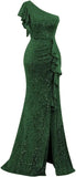 Pbong  Sequin Ruffle Formal Dresses One Shoulder Mermaid Evening Gown Sparkly Long Maxi Dress with Slit