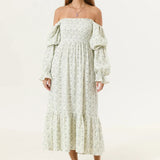 Pbong  Woman Vintage Floral Dress Puff Long Sleeve Off Shoulder Ruffle Long Dress Spring Fall Casual Vintage Bohemian Dresses