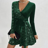 Pbong  Women's V-neck Sexy Long Sleeved Sequined Solid Color Dress High Street Fashion Elegant Party Evening Dresses