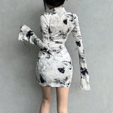 Vintage Butterfly Print Slim Slit Velour Dress