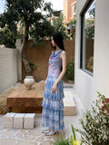 Romance Off The Shoulder Floral Sleeveless Mesh Top Gradient Blue Summer Tank Top Woman 2025 Korean Fashion