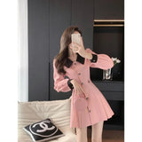 Pbong  Pink Contrast Color Button Splice Dress Women's Spring Autumn Slimming Long Sleeve Short A- Line Skirt High Waist Elegant