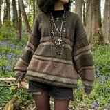 2000s Vintage Sweater Y2K Women Casual Striped Long Sleeve Round Neck Preppy Style Pullover Tops Retro Grunge Knitwear