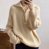 Quarter Zip Sweater Pullover Women Chunky Knit Polo Collar Oversize Jumper Sweater Jacket Teen-girl Autumn Winter Casual Outfit