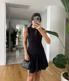 Pleated Tank Mini Dress For Women Bows Lace Up Hollow Sleeveless A-line Dress Fashion Commuting Clothes Solid Lady Dress