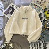 Korean Warm Fleece Fluffy Half Zip Hoodies Women Casual Fashion Thicked Sweatshirt Top Autumn Winter Clothing