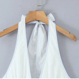 Halter Neck Patchwork White Women Dress V-neck A-line Pleat Party Summer Dress New Y2K Sweet Backless Beach Female Clothes