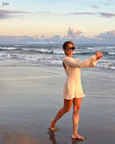 Stripe Knitted Slim Fitting Short Dress Sexy Flare Long Sleeve Backless Beach Dress Solid Color Casual Chic Vacation Robes Femme