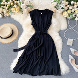 Pbong  Korean Fashion Women Dress Summer Casual Solid Sleeveless Sash Bandage Black Dress Vintage Elegant Lady Vestidos