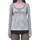 Pbong  Sweet Korean Style Loose Fit Long Sleeve T-Shirt round Neck Striped A- Line Home Wear Slimming Girl's Fashion Top