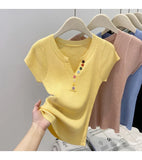 Summer V-Neck Short Sleeve Thin Tshirts Women Pastel Colored Button Knitted T-Shirts Teen-girl Stretch Fitted Tees Y2K Clothing