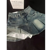 Pbong  High Waist A- Line Mini Skirt Women's Denim Pleated Skirt Summer American Retro Sexy Short Skirt plus Size Anti-Light