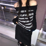Harajuku Punk Japan Sexy Slash Neck Long Sleeve Pullovers Fashion Y2k Aesthetic Constrast Color Striped Shirts Vintage Loose Top