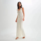 Sexy Hollow Out Crochet Pink Summer Tank Dress Sleeveless Transparent Sexy Fashion Long Dress Beach Vacation Female Clothing