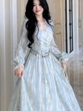 Women Elegant Blue Tie-Dye Dress  Autumn Fairy V-Neck Long Dress French Party Prom Evening Clothing New Holiday Outfits Vestidos