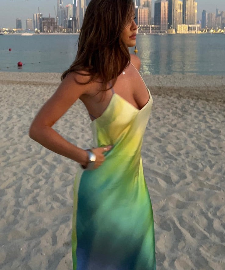 Satin Print Sexy Maxi Bodycon Beach Dress Summer Women Dye Tie Backless Elegant Party Dresses Holiday Outfits
