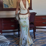 New Sexy Backless Halter Tops&Slim Printed Long Skirts Suit Elegant Swinging Collar Sleeveless Tops Half Skirt 2 Piece Set Women