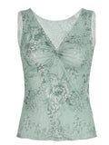 Sweetown Retro Green Floral Print Mesh Vest Sleeveless Twist V Neck Slim Crop Top For Women Summer Vacation Boho Outfits