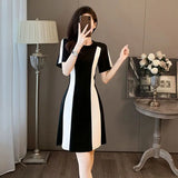 French Fashion Simple Temperament Black White Dress Patchwork Casual Short Sleeve Women O-neck Summer New Collection Waist Dress