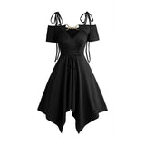 2025 Women's Cold Shoulder Dresses Lace Up Asymmetric Dress Tie Knot Shoulder Chain Solid Color Short Sleeve Dress
