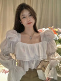 Preppy Youthful Elegant Cropped Blouses Women Korean Dongdaemun Puff Long Sleeve Ruffle Top Luxury High Quality 2024