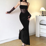 Velvet Y2k Ruched Elegant Corset Dresses Gothic Lace Patches Sheer Sling Party Dress Red Black Ladies Backless Clothes
