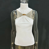 Maemukilabe Stylish Ring Design Halter Tops Women Fashion Shirt Vest Sexy Bare Shoulder Crop Tops Ladies Slim Fit Tank Tops