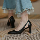Pbong  Chunky Heels Normal Leather Casual High Block Heel Nude Ladies Footwear Office Women's Shoes Square Toe Pumps on Heeled 39 Offer