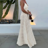 Summer See Through Dresses V-Neck Sleeveless High Waist Patchwork Spaghetti Backless Party Dress Women 2025 Beachwear Maxi Dress