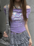 Pbong  Y2k Aesthetic Vintage Summer Printing Tees Slash Neck Streetwear Purple Tshirts Women Harajuku Grunge Bottoming Sexy Crop Tops