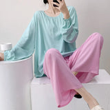 Pbong  Oversized Sleepwear Female 2PCS Pajamas Spring Summer New Viscose Nightwear Pijamas Suit Casual Loose Contrast Color Homewear