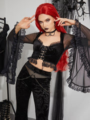 Sexy Goth Lace-up Long Flared Sleeve T-Shirts for Women Vintage Black Velvet Lace Trim Corset Crop Tops Y2K Grunge Streetwear