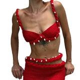 Sexy Crochet Applique Patchwork 2 Piece Set Women  Backless Crop Tops+Bandage Hollow Skirts Vacation Beach Party Suits