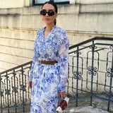 Blue Flower Print Fashion Long Dress Ruffle V-neck Lantern Sleeve Chic Spring Dress With Belt Vacation Beach Vestidos