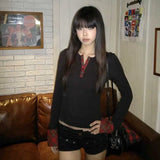 Y2k Vintage T Shirt Women Pathwork Long Sleeve Skinny Plaid Grunge Tops Streetwear American Retro 90s Tshirts Autumn