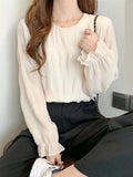 Pbong  Korean All Match Lady Loose Blouses for Women O-neck Flare Sleeve Solid Color Shirts Fashion Pleated Tops