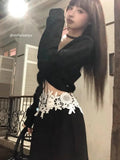 Gothic Harajuku Patchwork Lace V Neck Long Sleeve Tops Slim Fit Temperament Mermaid Long Skirts Y2k Vintage Girl Two Piece Sets