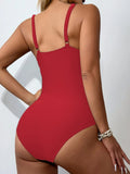 2025 Women's Beach Swimwear Solid Color Sheer Mesh Panel Plunging Neck One-piece Swimsuit