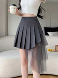 Pbong  Mesh Patchwork Pleated Skirts Women High Waist Fashion Slim Sexy Mini Skirt Korean Sweet Preppy Style Spring Summer A Line Skirt