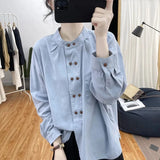 New Spring Autumn Women's Blouse 2025 Stand Up Collar Versatile Ladies  Shirt Fashion Double Breasted Buttons Leisure Lady Top