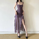 Pbong  Skinny High Waist Strapless Dresses Summer Women's Dress New Sexy Solid Solid Mesh Ruffle Edge Split Maxi Hip Wrap Dress