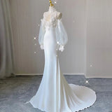 Pbong  Retro Lace Light Wedding Dr New Satin Fi Tail Gown Ele Bride Outdoors Welcoming Guest Light High Waist