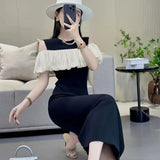 Pbong  High-end French Elegant Dress Niche Design Black and White Contrasting Off-shoulder Slim Fish Tail Commuting Dress for Women