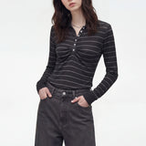 American Simple All Match Turn Down Collar Long Sleeve T Shirts Y2k Constrast Color Striped Pleated Clothes Harajuku French Tops