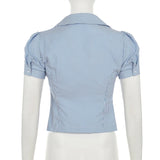 Preppy Stripe Print Blouse Shirt Vintage Puff Short Sleeve Button Down Crop Tops Women Ladies Square Collar T-shirt Y2k Clothes