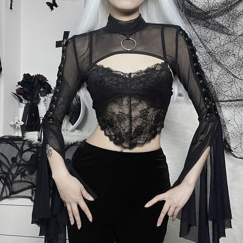 Black Mesh T-shirt Gothic Street Lace-up Punk Ring Flared Sleeves Eyelet Pullover Outer Harajuku Vintage Women Top